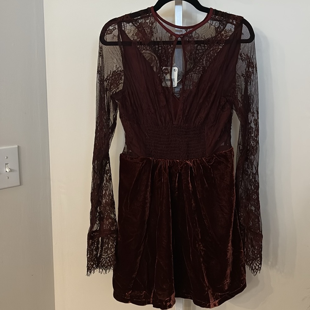 Free People Burgundy Lace and Velvet Long Sleeve Dress - Picture 5 of 6